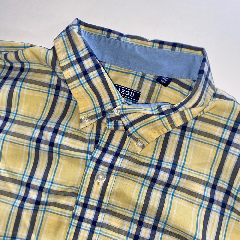 IZOD Mens 2XLT Yellow Blue Plaid Short Sleeve Non-Iron Stretch Button Down Shirt